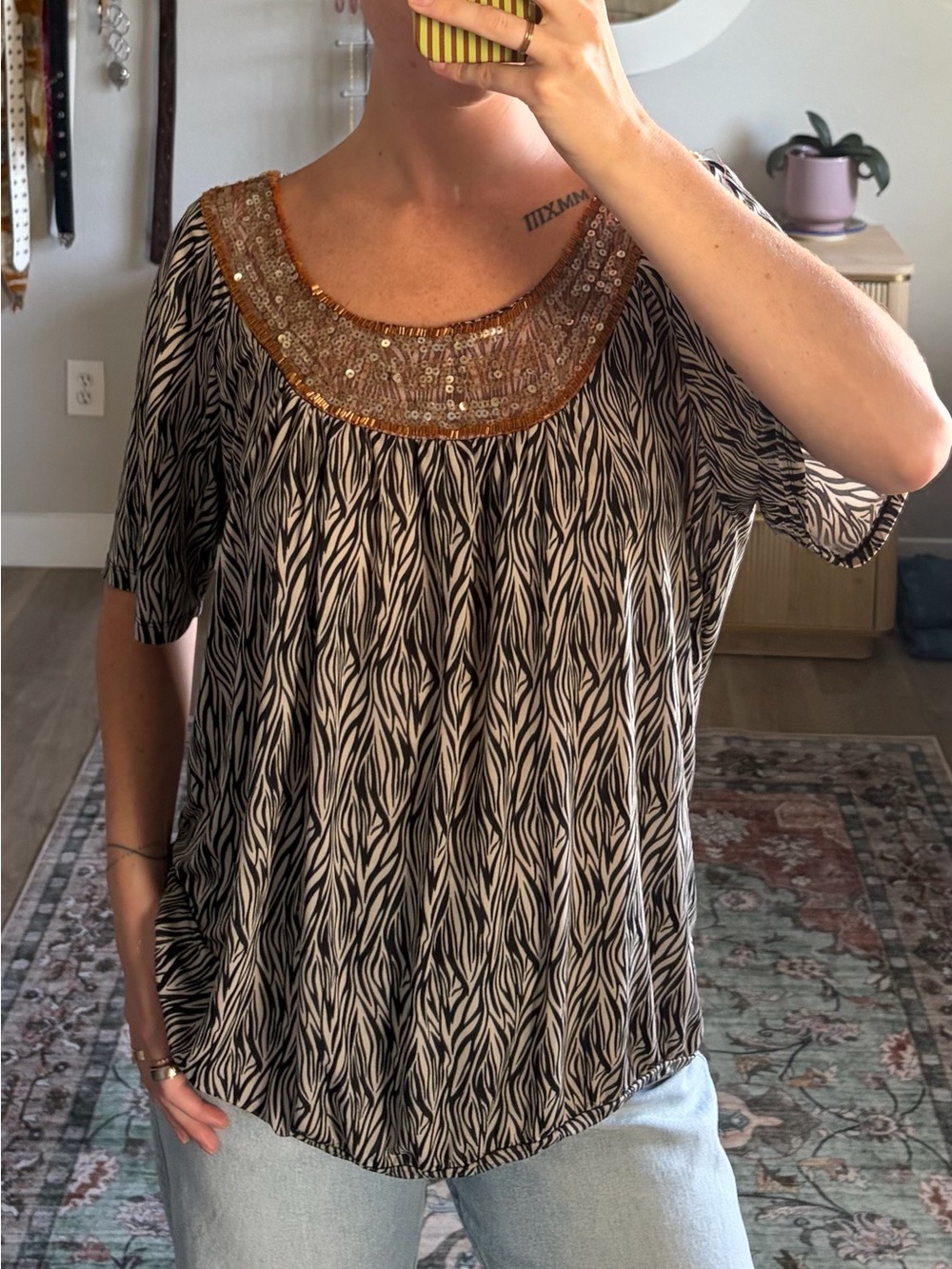 Siren Lily Y2K Zebra Print Sequin Beaded Top XL